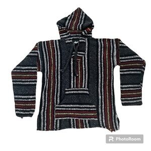 Poncho style striped Mexican hoodie with V neck & tie one large front pocket, L.